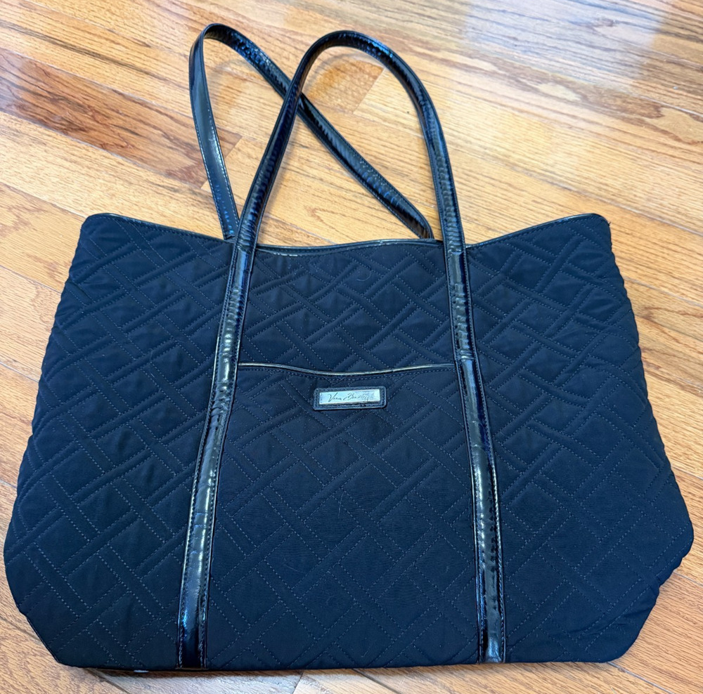 Vera Bradley Tote Shoulder Bag 14in Black Quilted Patent Trim Large Travel Purse